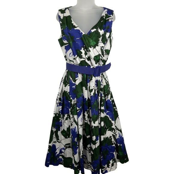 J. Peterman Dresses & Skirts - J. Peterman Floral Midi Dress Womens 8 Blue Green White Belted Fit Flare Cotton